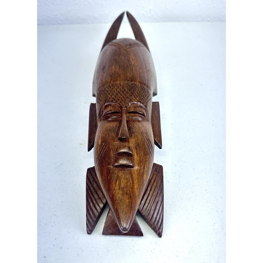 Vintage Hand Carved African Tribal Style Solid Wood Wall Mask Folk Art 14" Tall